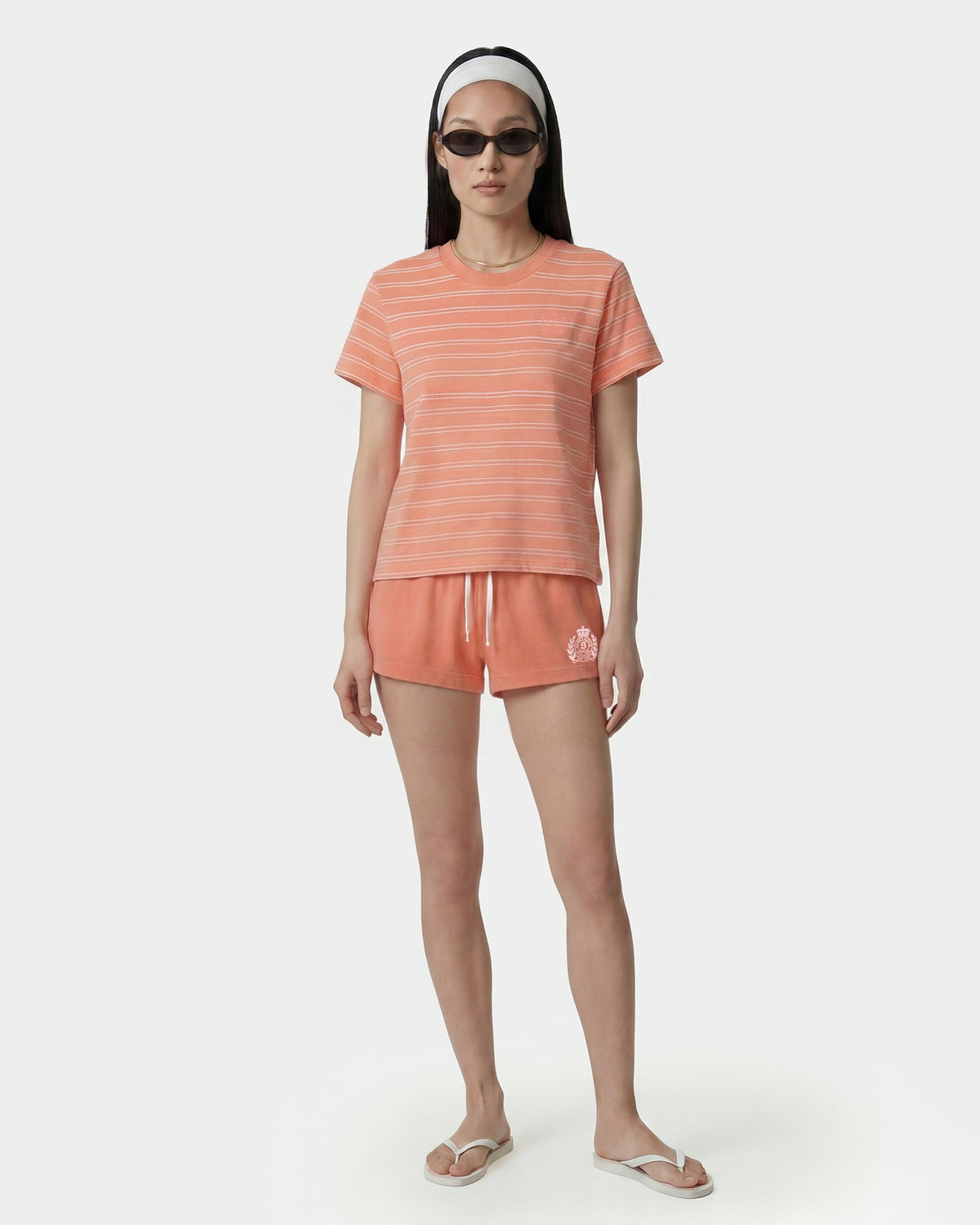 Sporty & Rich NY Crest T-Shirt - Flamingo Striped/Flamingo