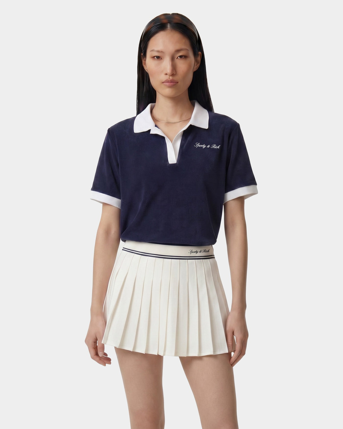 Sporty & Rich Signature Logo Terry Polo - Navy/White