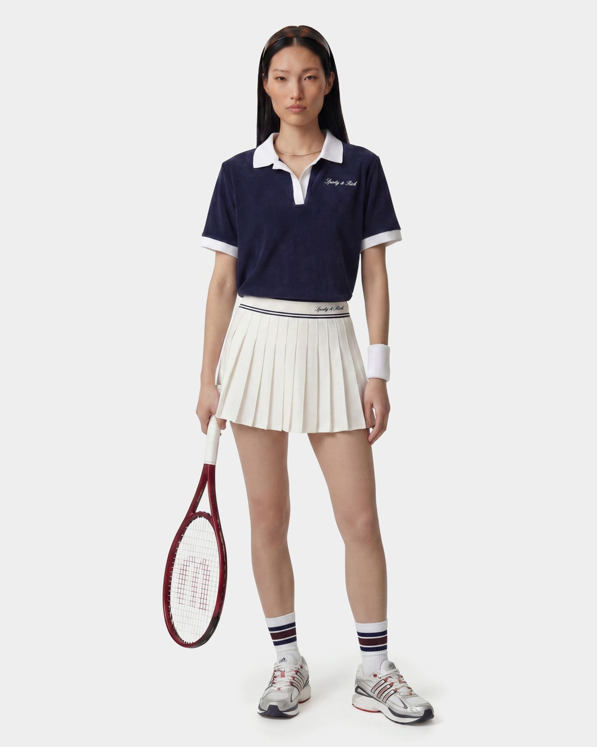 Sporty & Rich Signature Logo Terry Polo - Navy/White