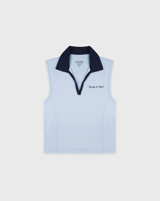 Sporty & Rich Signature Logo Sports Polo Vest - Ciel/Navy