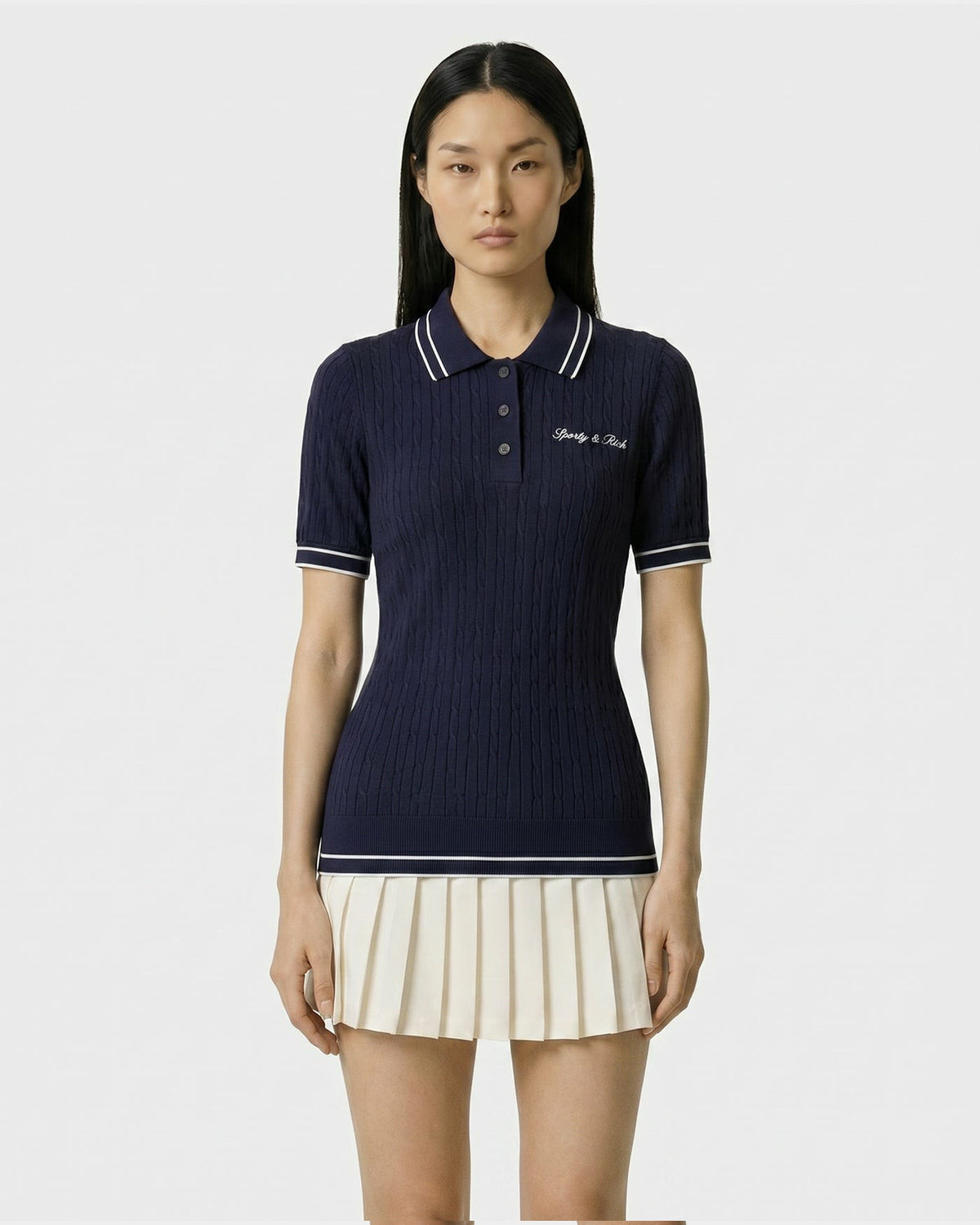Sporty & Rich Signature Logo Mini Cable Polo - Navy/White