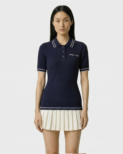 Sporty & Rich Signature Logo Mini Cable Polo - Navy/White