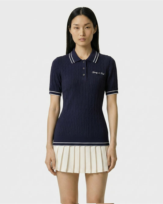 Sporty & Rich Signature Logo Mini Cable Polo - Navy/White
