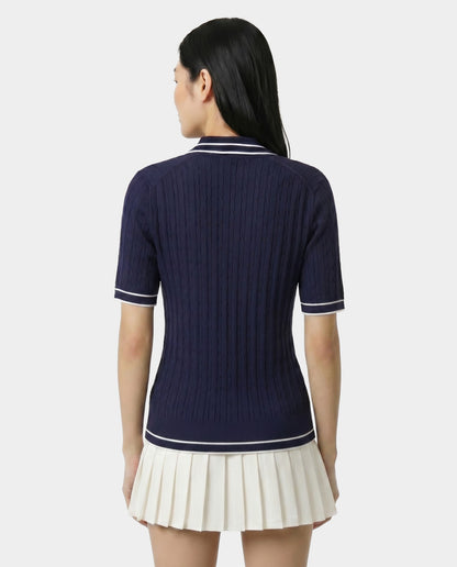 Sporty & Rich Signature Logo Mini Cable Polo - Navy/White
