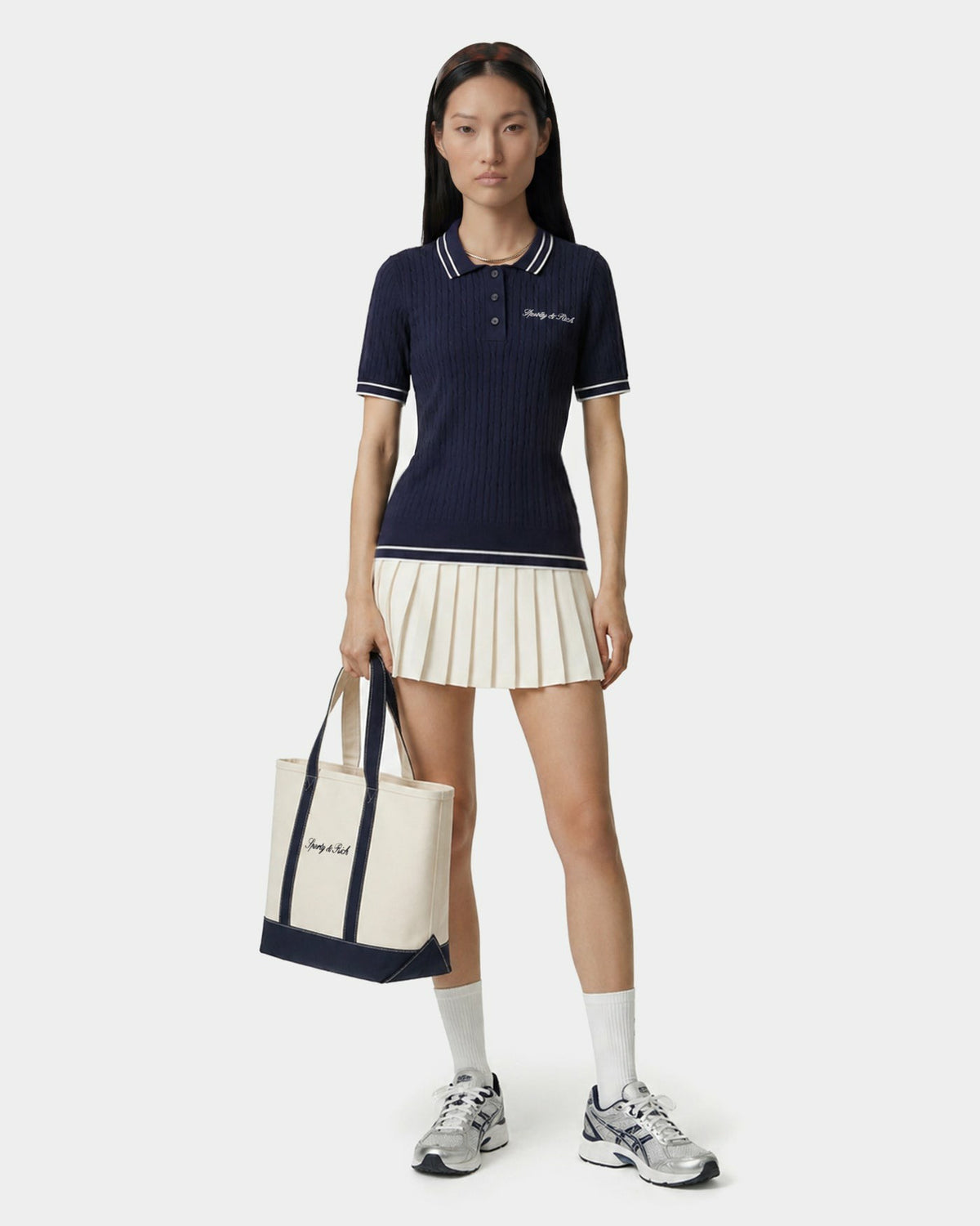 Sporty & Rich Signature Logo Mini Cable Polo - Navy/White
