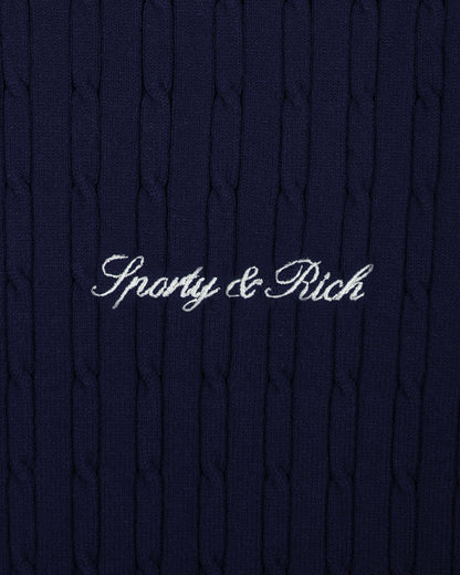 Sporty & Rich Signature Logo Mini Cable Polo - Navy/White