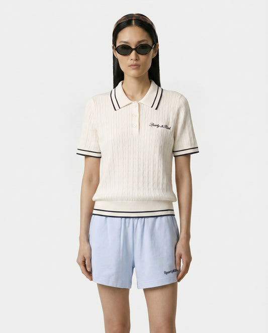 Sporty & Rich Signature Logo Mini Cable Polo - Ecru/Navy
