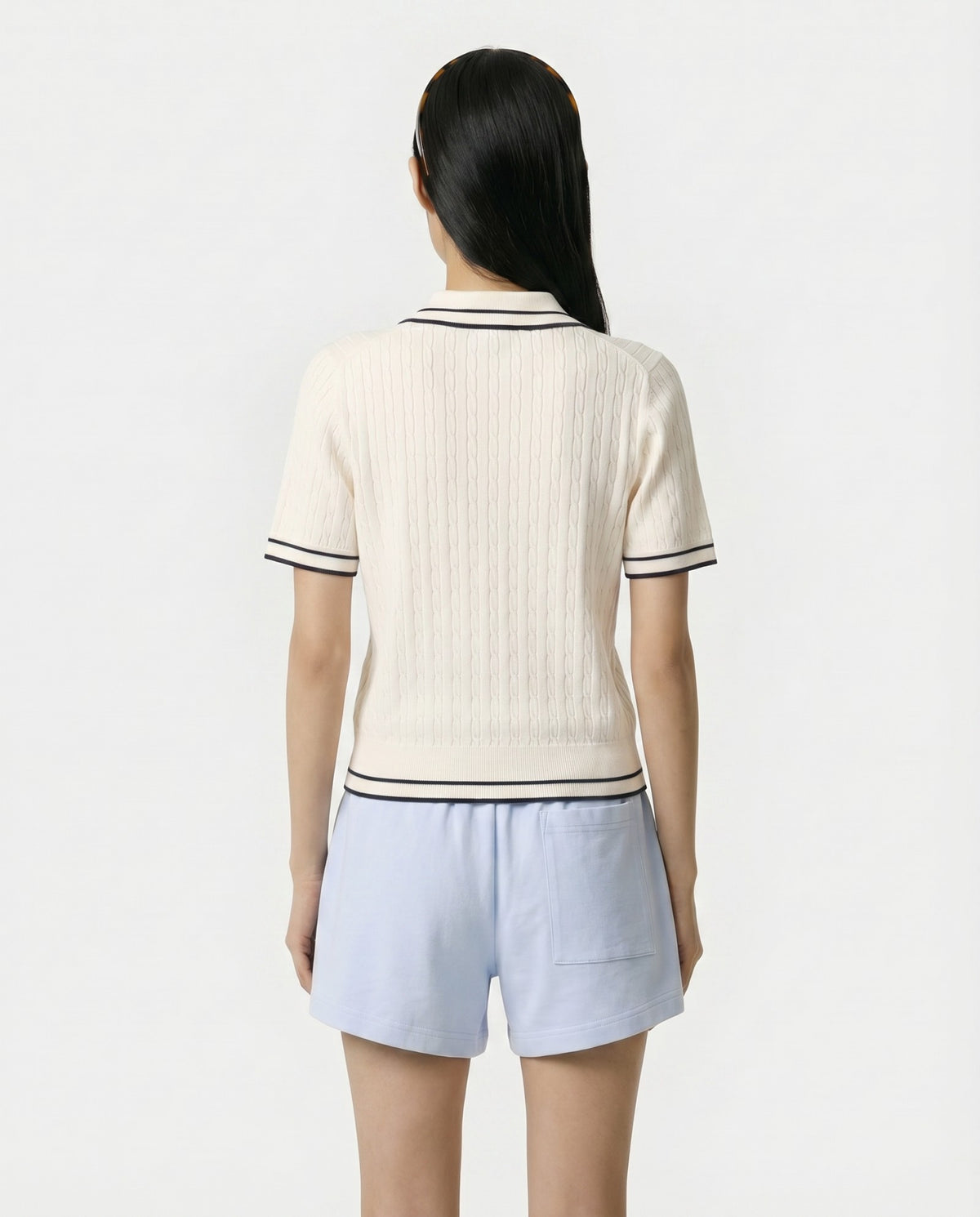Sporty & Rich Signature Logo Mini Cable Polo - Ecru/Navy