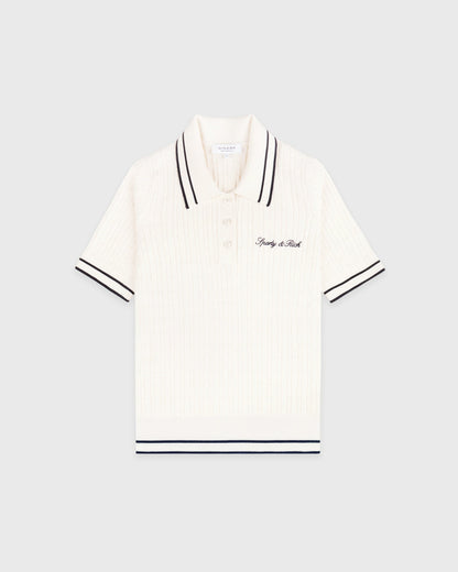 Sporty & Rich Signature Logo Mini Cable Polo - Ecru/Navy