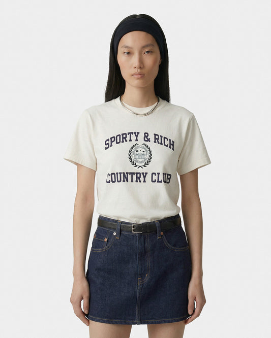 Sporty & Rich Varsity Crest Essential Tee - Ecru/Navy