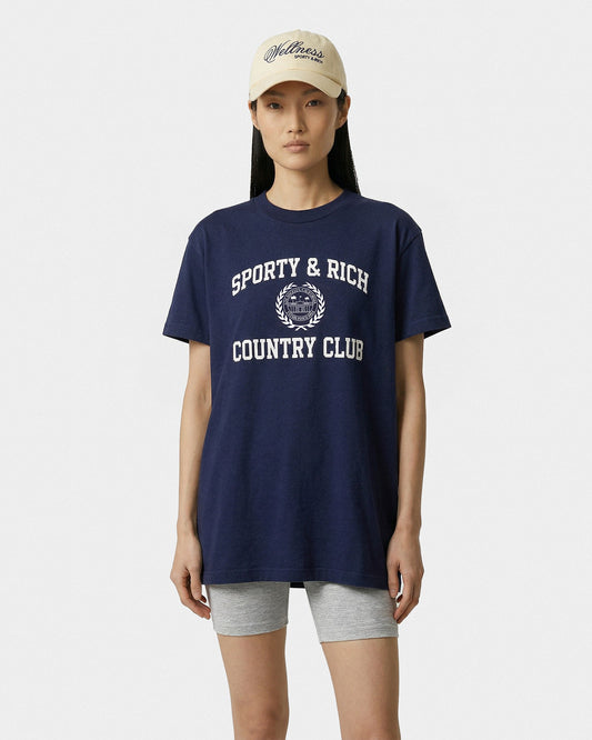 Sporty & Rich Varsity Crest Essential Tee - Navy/White
