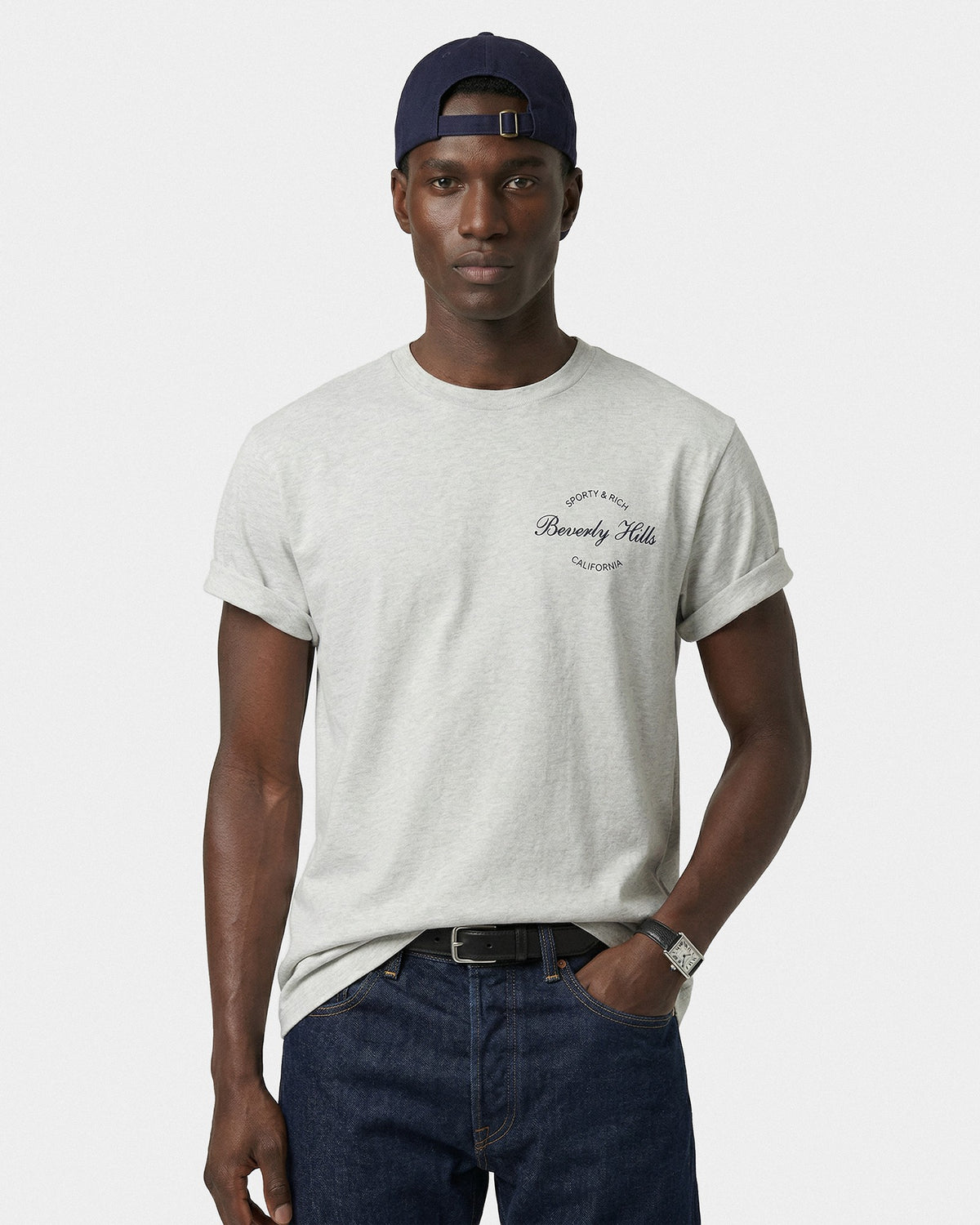 Sporty & Rich Beverly Script T-Shirt - Heather Gray/Navy