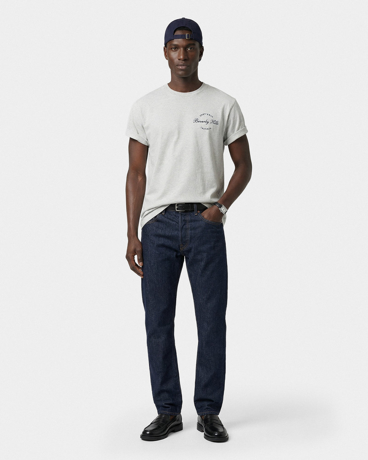 Sporty & Rich Beverly Script T-Shirt - Heather Gray/Navy