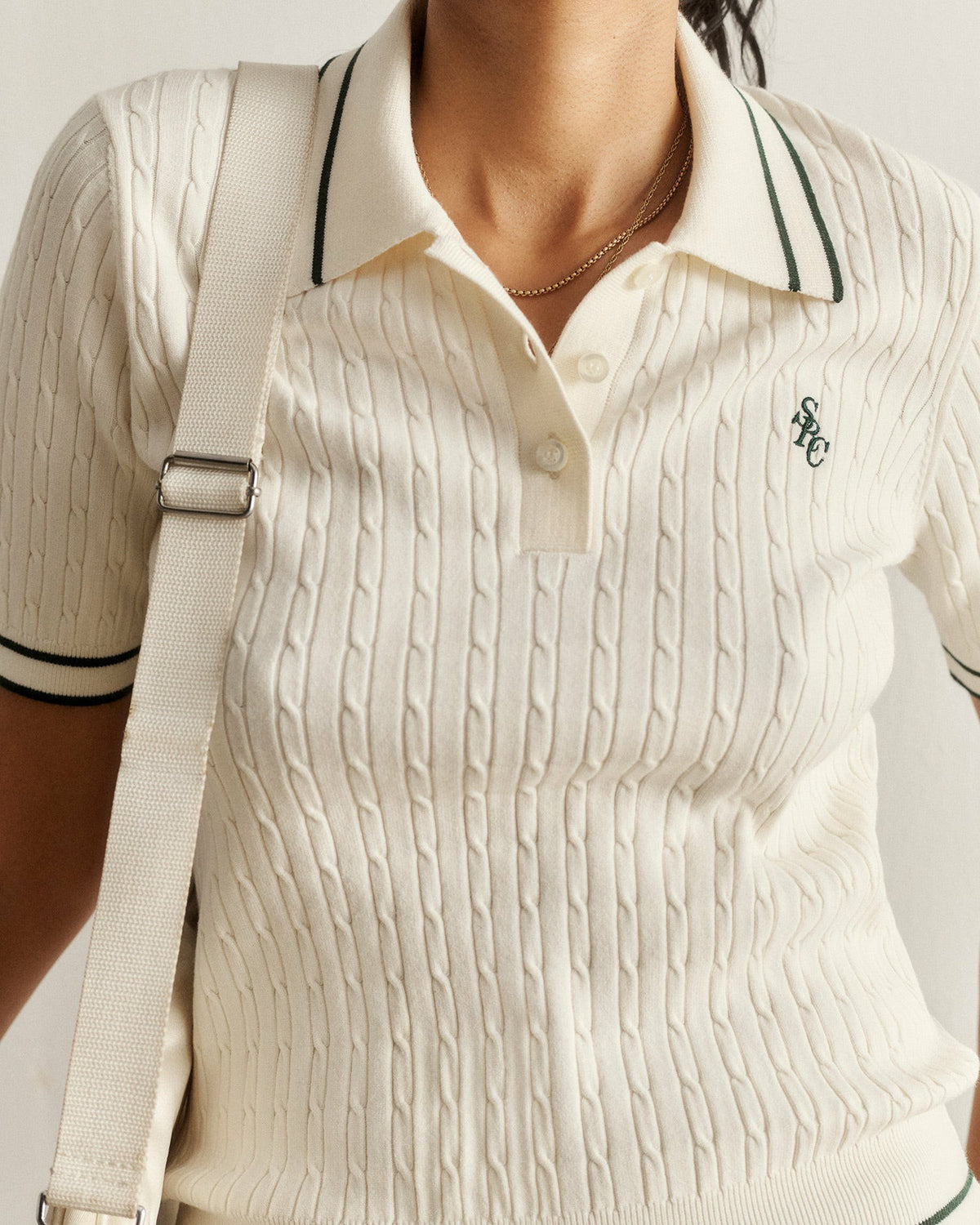 Sporty & Rich SRC Mini Cable Polo - Ecru/Forest