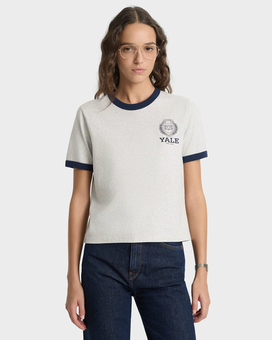 Sporty & Rich Yale Crest Ringer Tee - Heather Gray/Navy