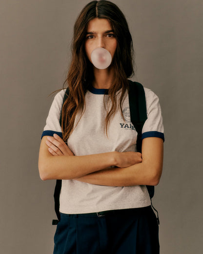 Sporty & Rich Yale Crest Ringer Tee - Heather Gray/Navy