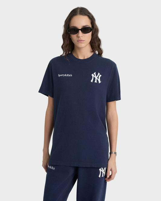 Sporty & Rich Yankees Curve T-Shirt - Navy/White