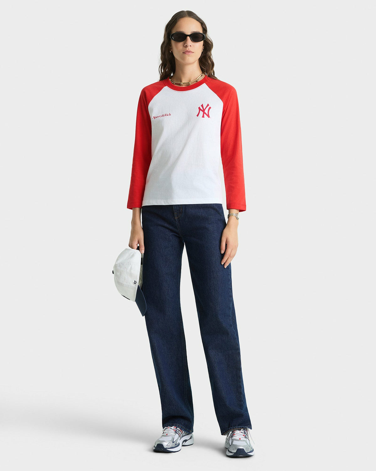 Sporty & Rich Yankees Serif Baseball Tee - White/Red