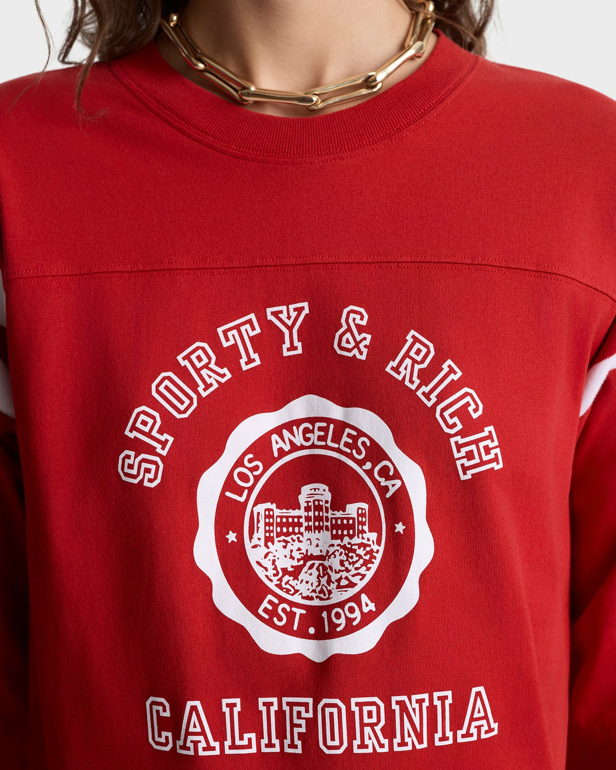 Sporty & Rich California Emblem Long Football Tee - Ruby/White