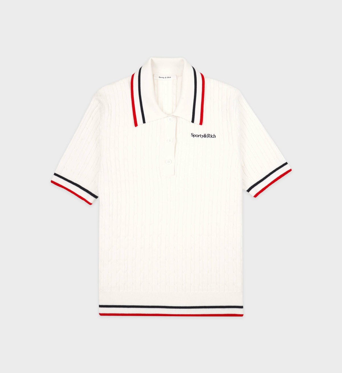 Sporty & Rich Serif Logo Mini Cable Polo - White/Navy/Ruby