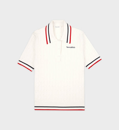 Sporty & Rich Serif Logo Mini Cable Polo - White/Navy/Ruby