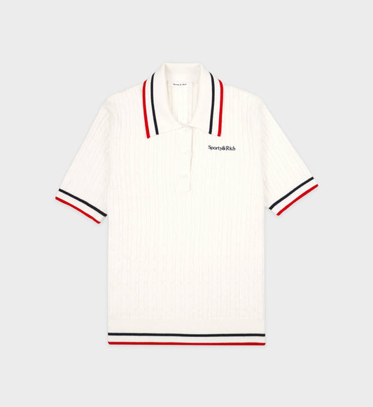 Sporty & Rich Serif Logo Mini Cable Polo - White/Navy/Ruby