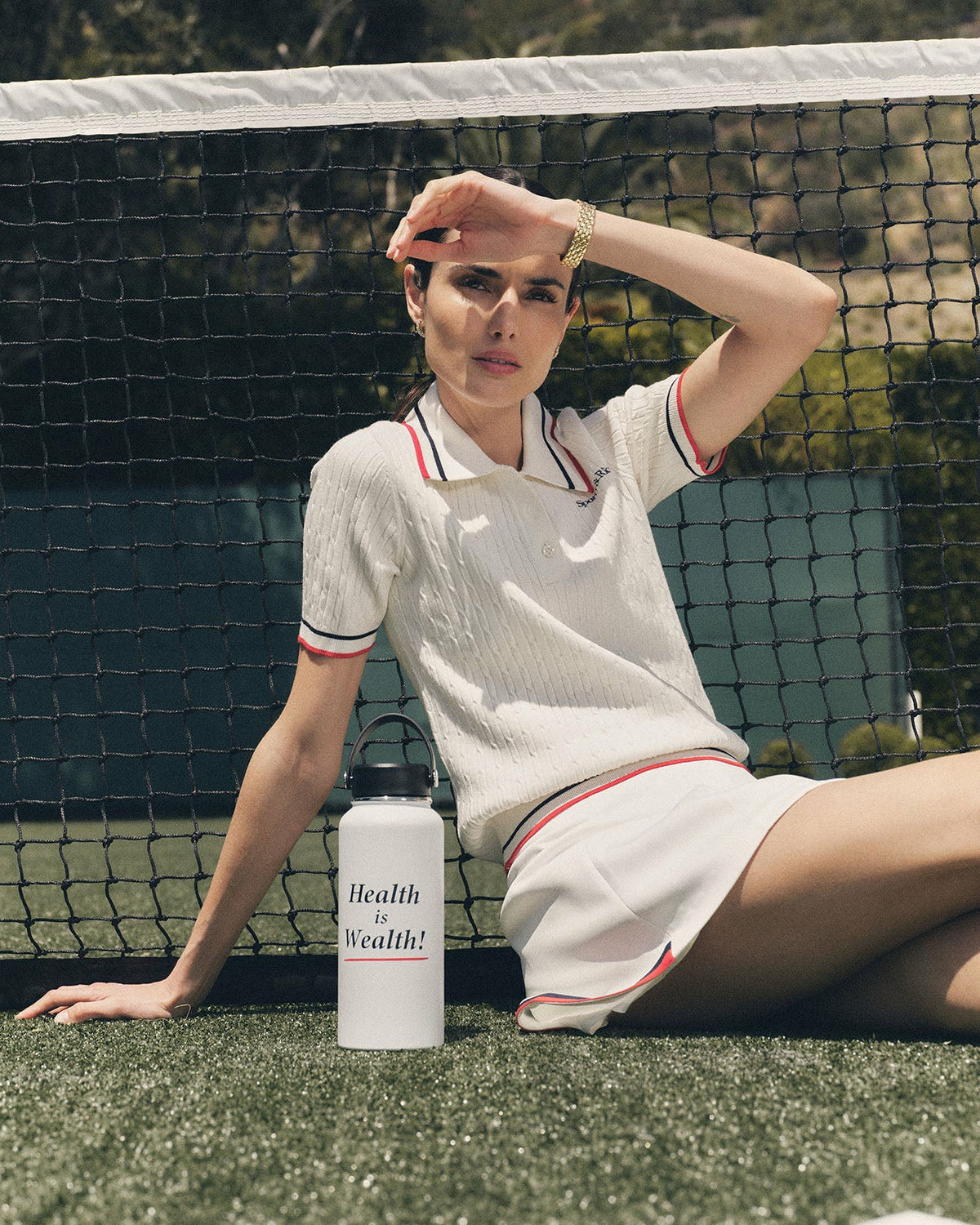Sporty & Rich Serif Logo Mini Cable Polo - White/Navy/Ruby