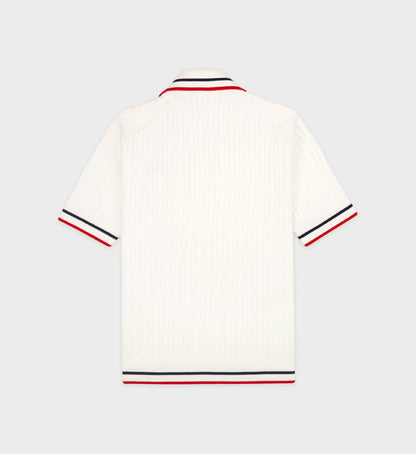 Sporty & Rich Serif Logo Mini Cable Polo - White/Navy/Ruby