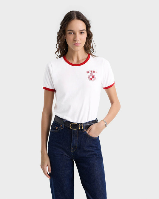 Sporty & Rich Beverly Hills Crest Soft Ringer Tee - White/Ruby