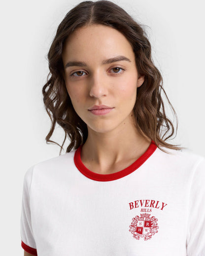 Sporty & Rich Beverly Hills Crest Soft Ringer Tee - White/Ruby