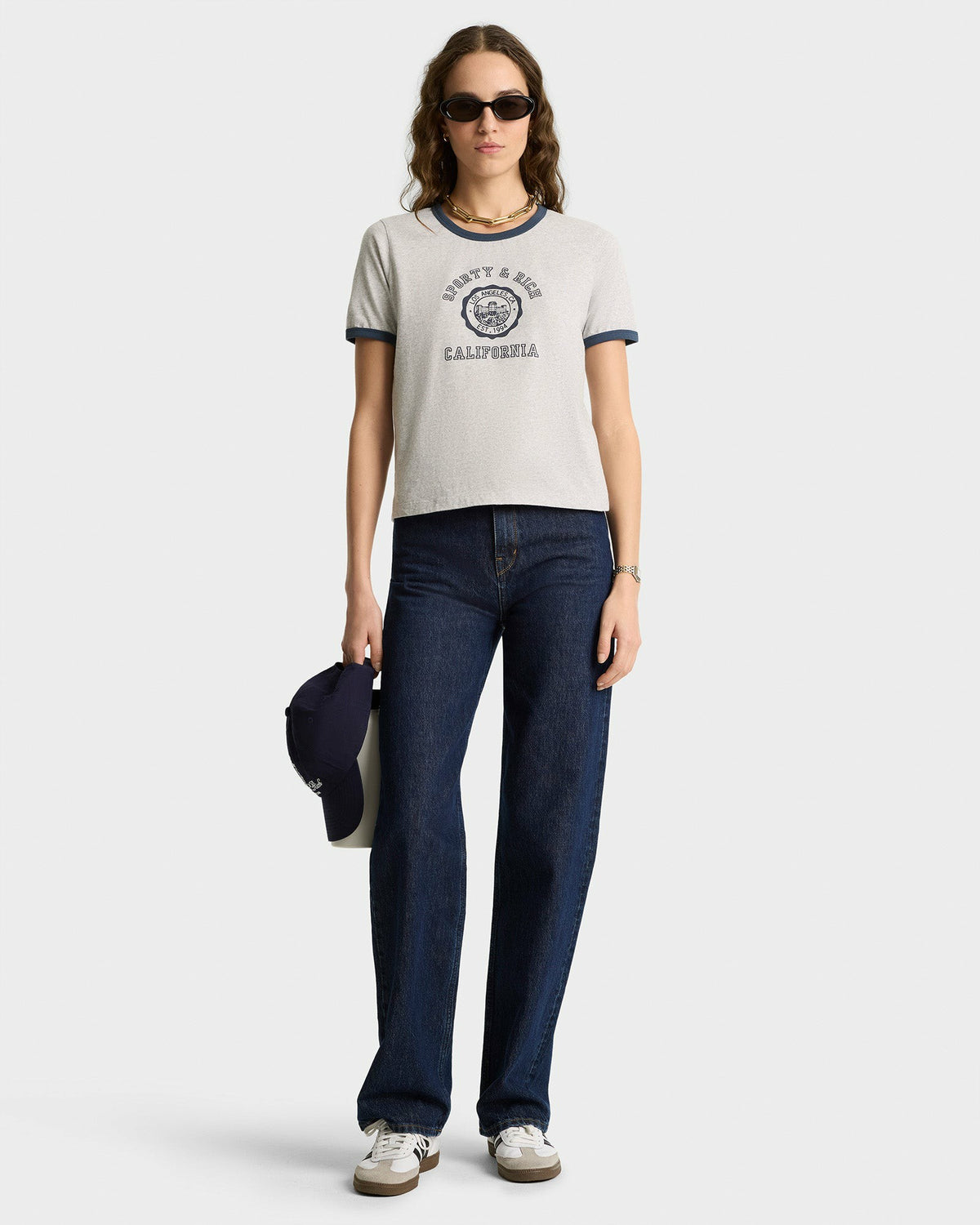 Sporty & Rich California Emblem Soft Ringer Tee - Heather Gray/Navy