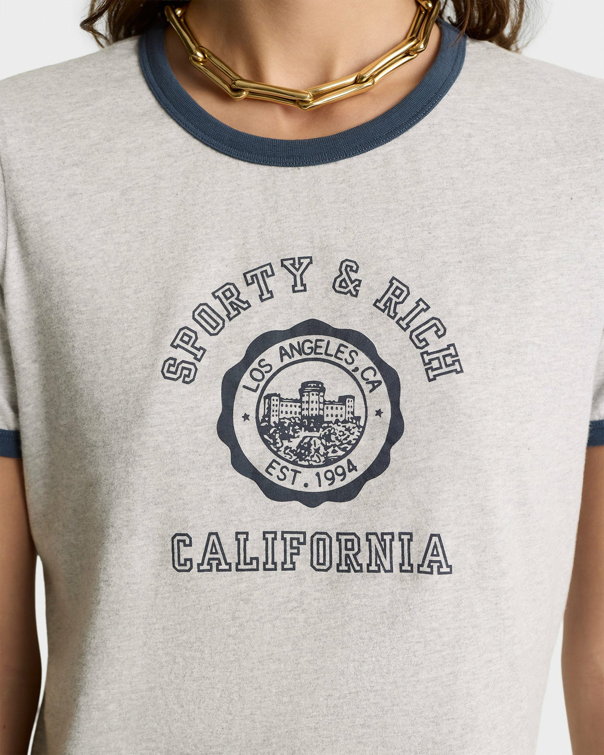 Sporty & Rich California Emblem Soft Ringer Tee - Heather Gray/Navy