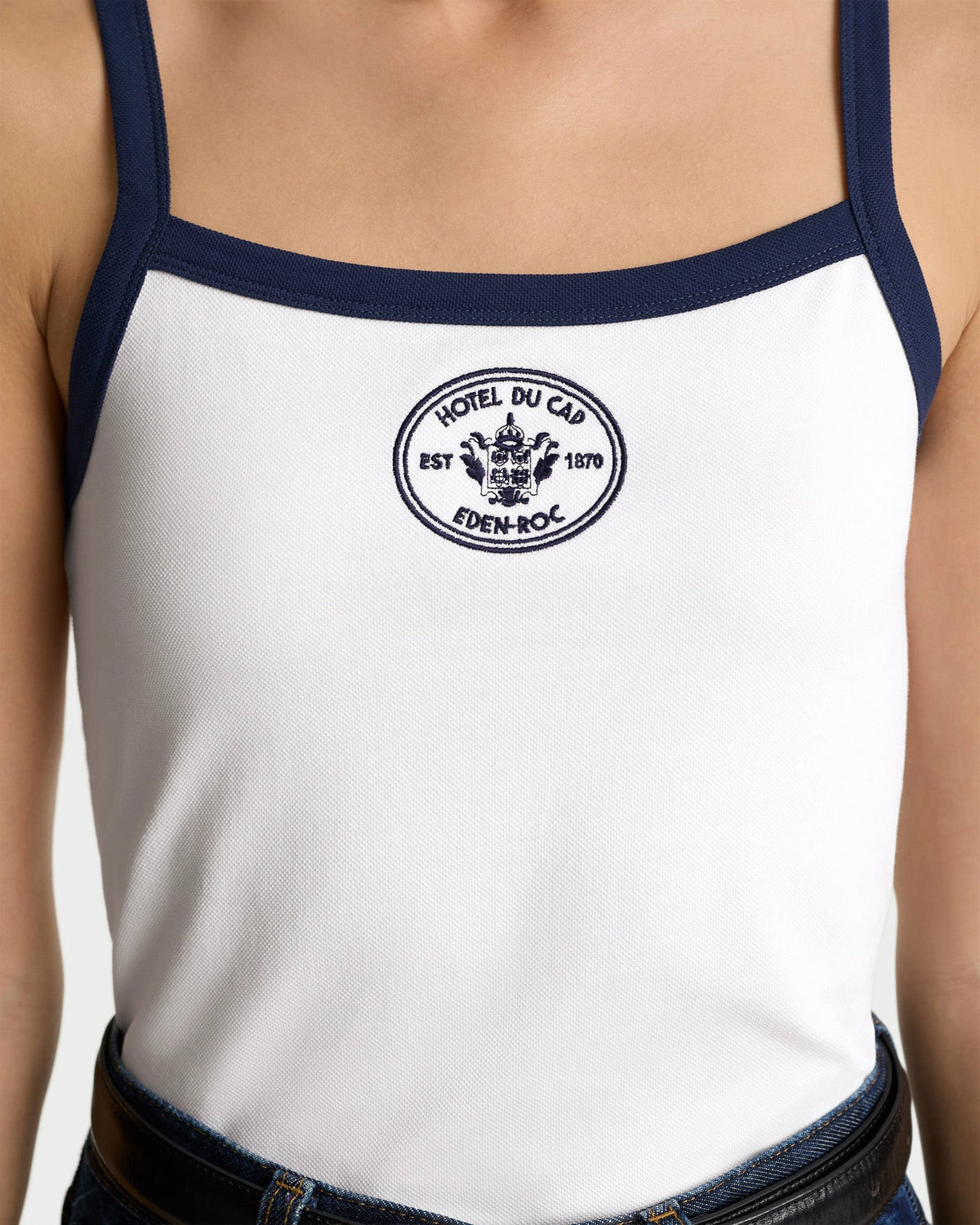 Sporty & Rich Eden Crest Embroidered Pique Tank - White/Navy