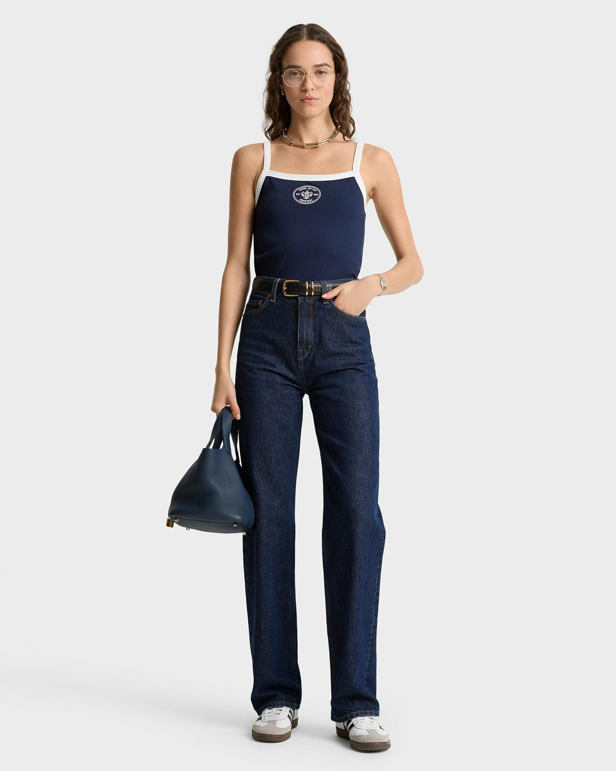 Sporty & Rich Eden Crest Embroidered Pique Tank - Navy/White