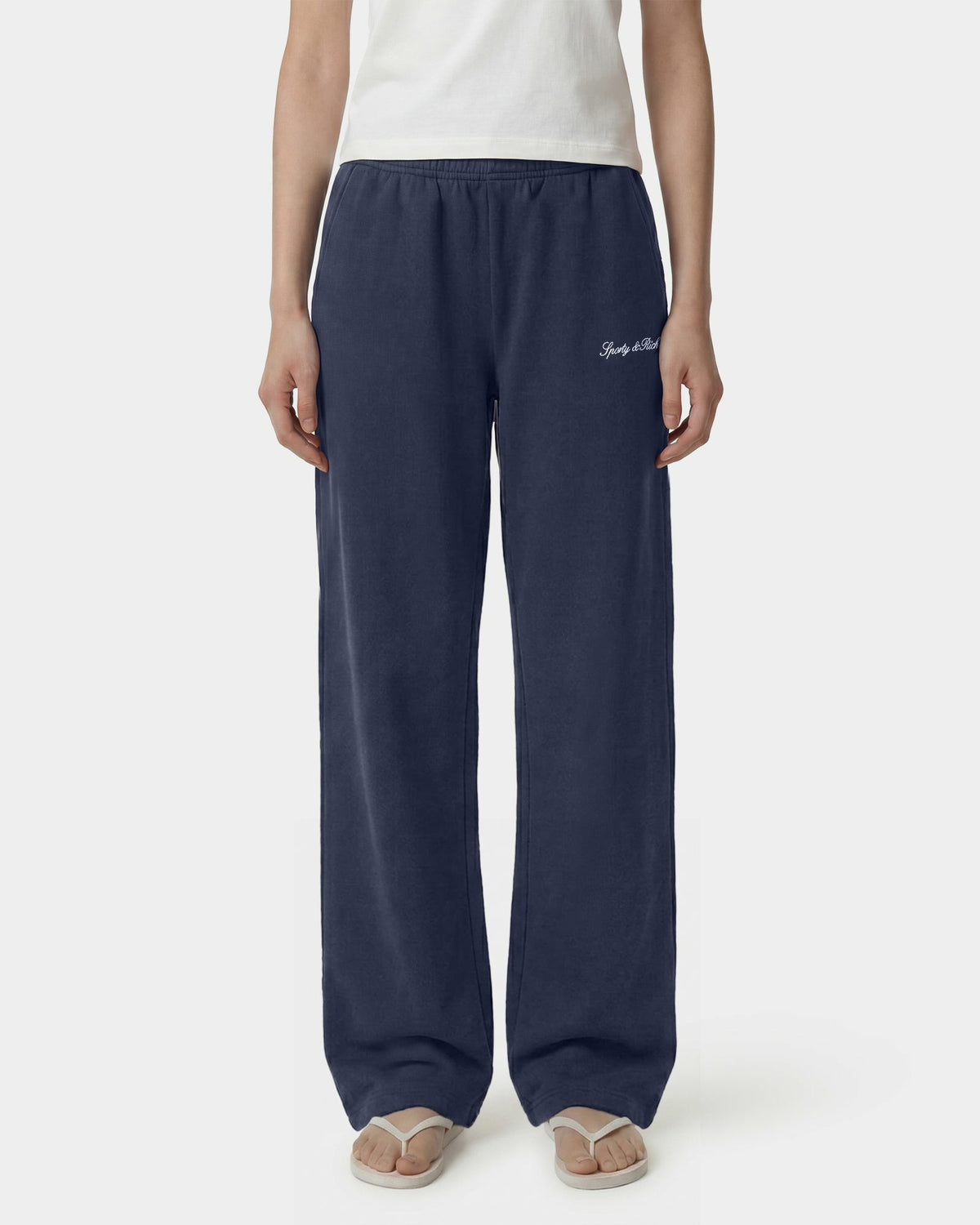 Sporty & Rich Signature Logo Embroidered Wide Sweatpant - Light Navy/White