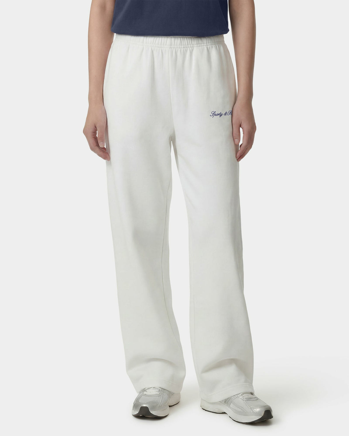 Sporty & Rich Signature Logo Embroidered Wide Sweatpant - White/Light Navy