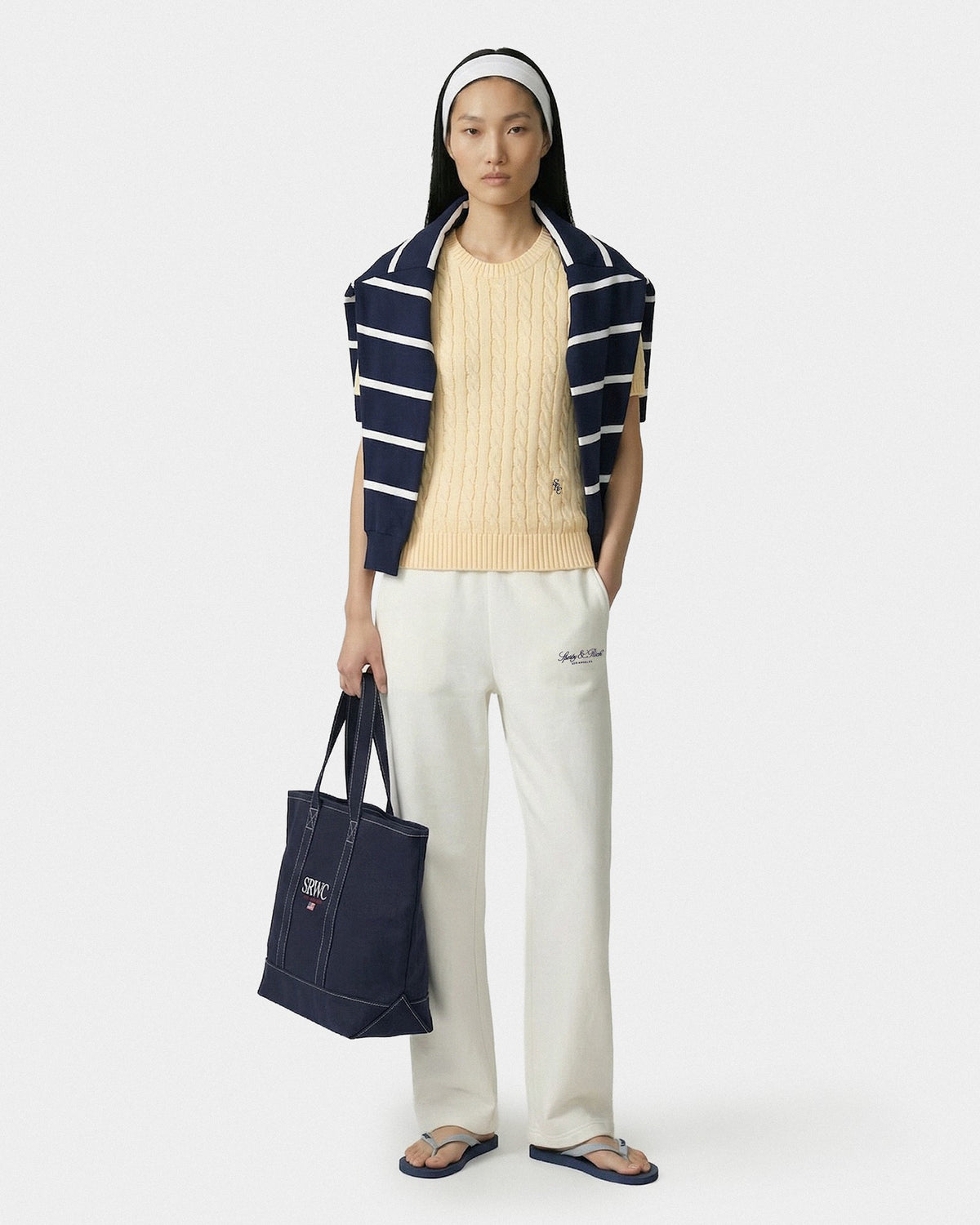 Sporty & Rich Vendome LA Embroidered Wide Sweatpant - Ecru/Navy