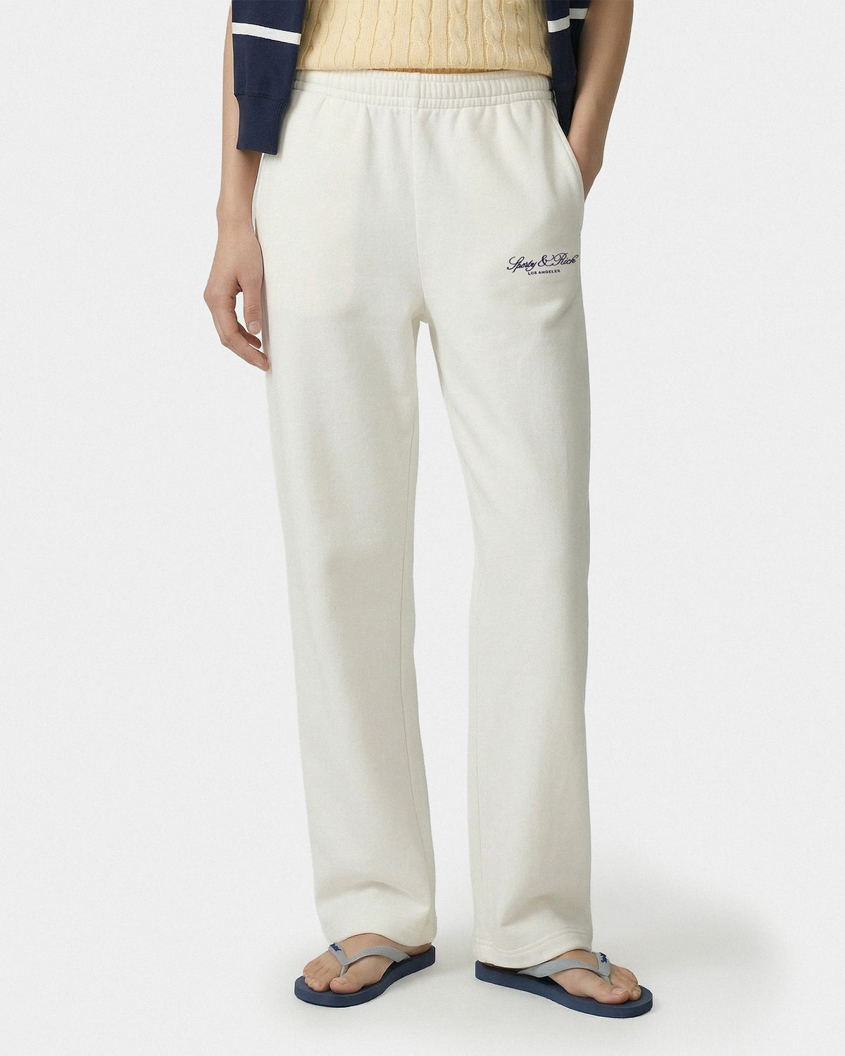 Sporty & Rich Vendome LA Embroidered Wide Sweatpant - Ecru/Navy