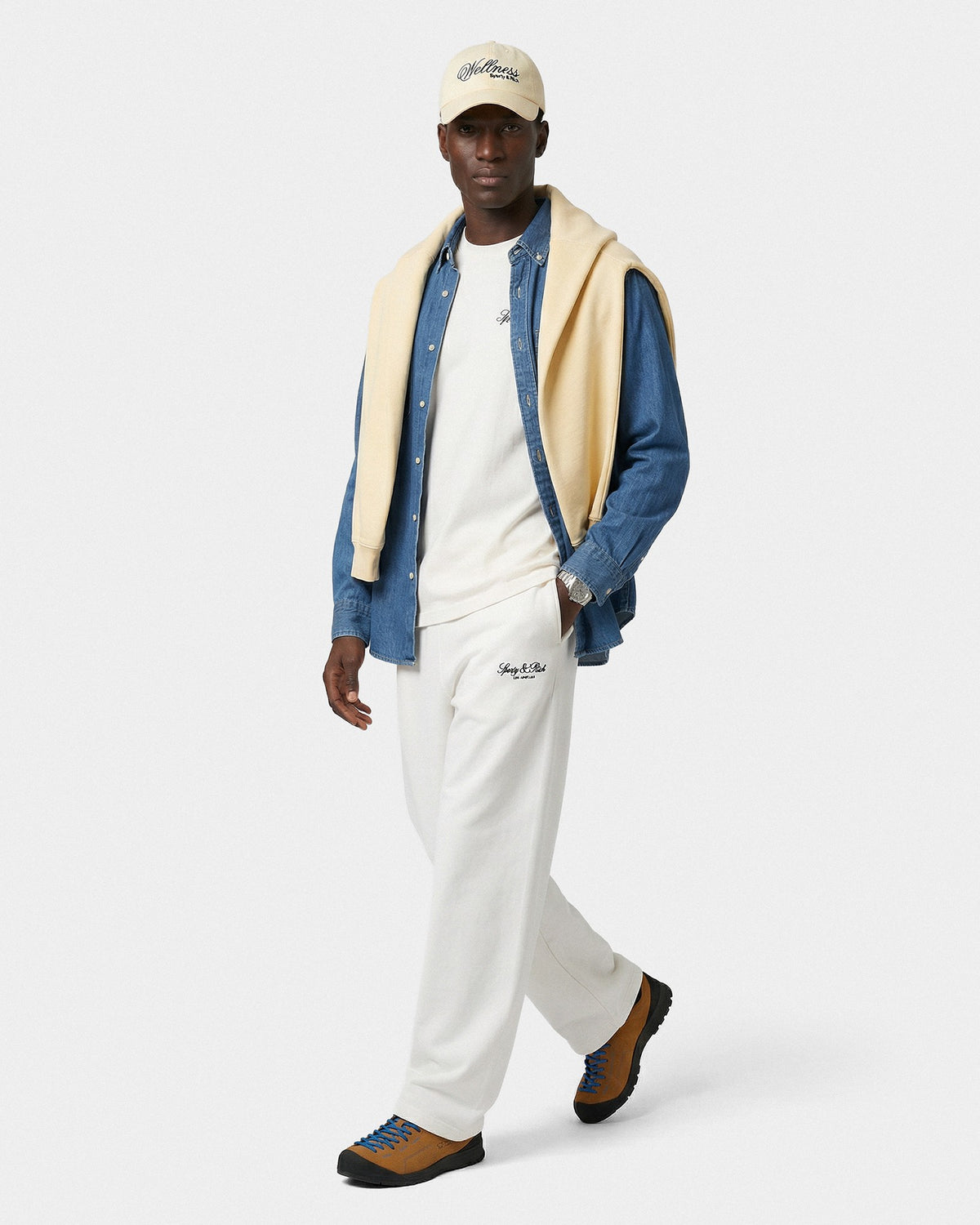 Sporty & Rich Vendome LA Embroidered Wide Sweatpant - Ecru/Navy