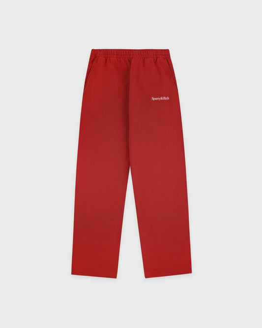 Sporty & Rich Serif Logo Embroidered Wide Sweatpant - Faded Merlot/White