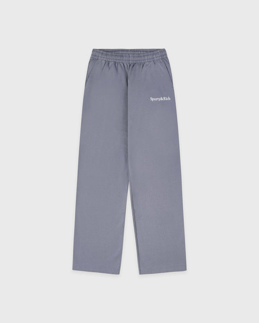 Sporty & Rich Serif Logo Embroidered Wide Sweatpant - Faded Indigo/White
