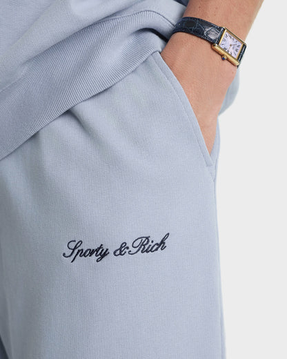 Sporty & Rich Signature Logo Embroidered Wide Sweatpant - Faded Blue/Navy
