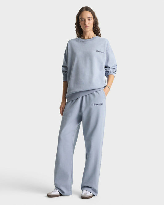 Sporty & Rich Signature Logo Embroidered Wide Sweatpant - Faded Blue/Navy