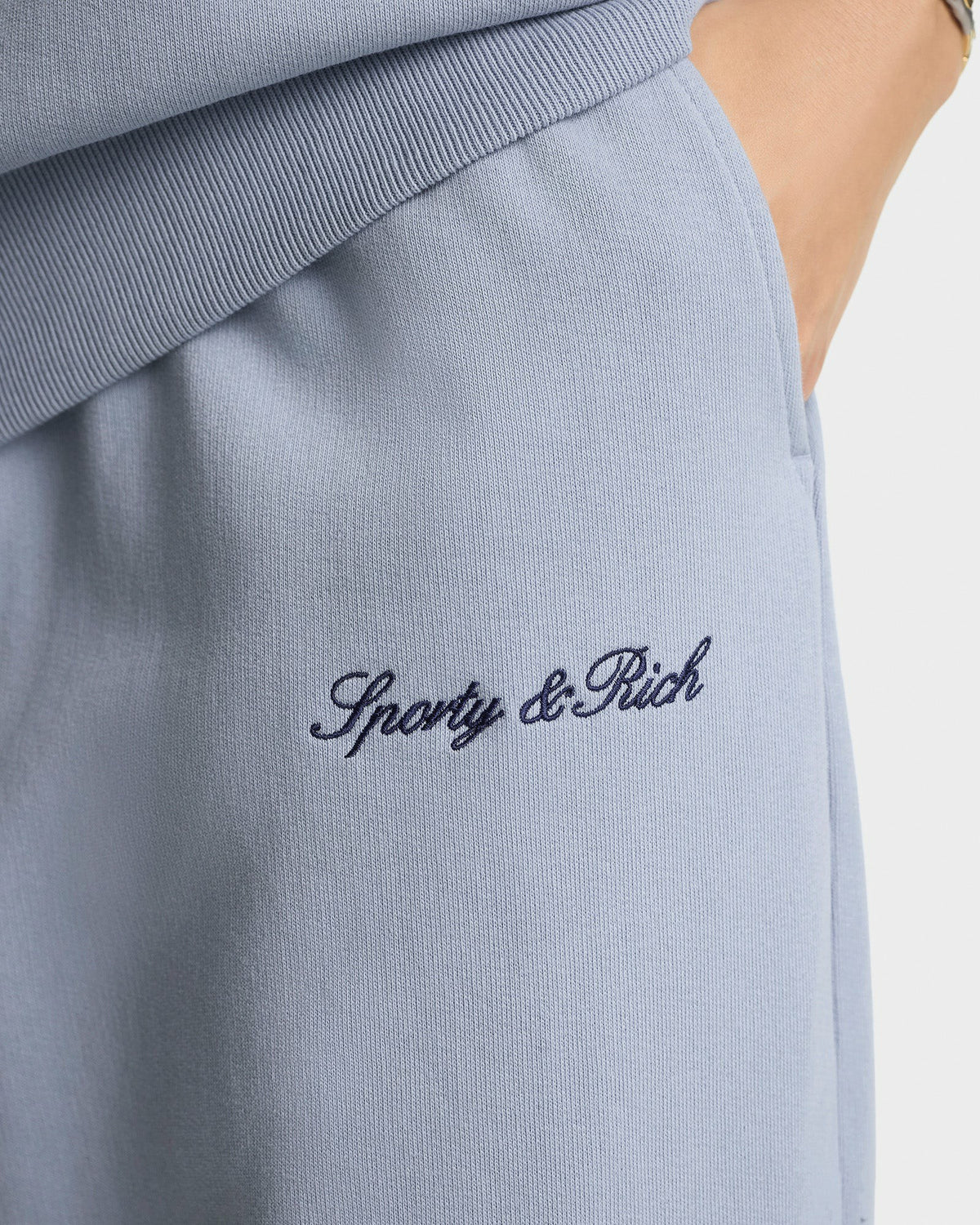 Sporty & Rich Signature Logo Embroidered Wide Sweatpant - Faded Blue/Navy