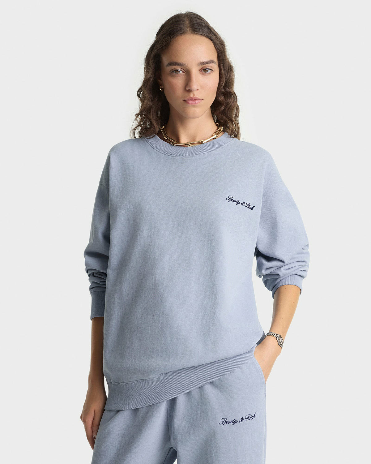 Sporty & Rich Signature Logo Embroidered Wide Sweatpant - Faded Blue/Navy