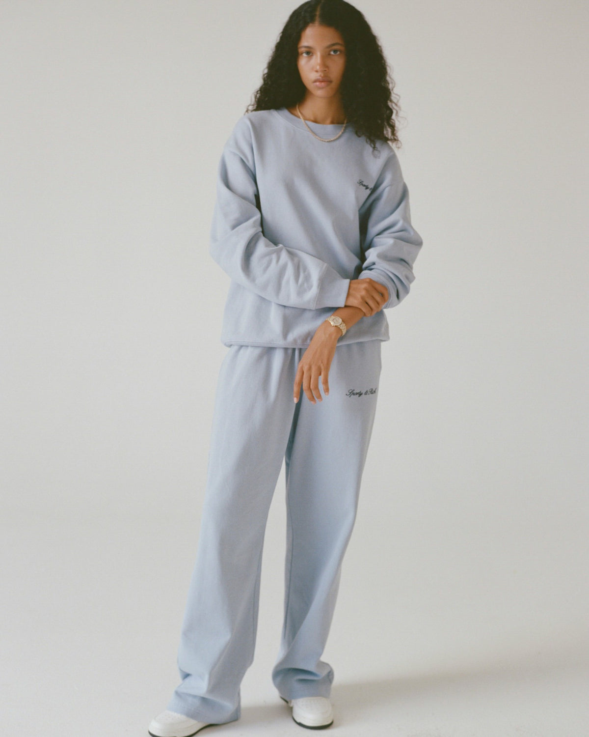 Sporty & Rich Signature Logo Embroidered Wide Sweatpant - Faded Blue/Navy