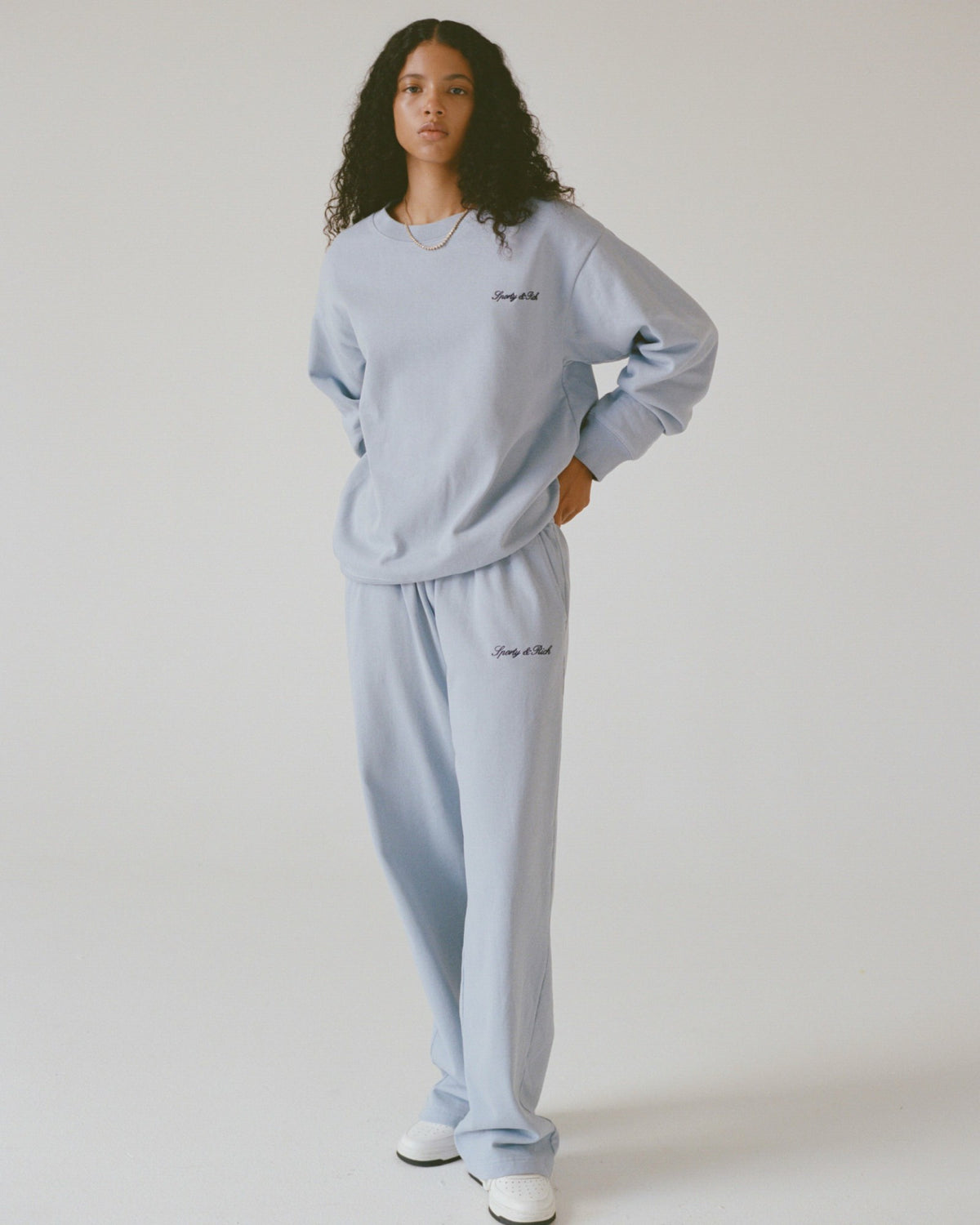 Sporty & Rich Signature Logo Embroidered Wide Sweatpant - Faded Blue/Navy