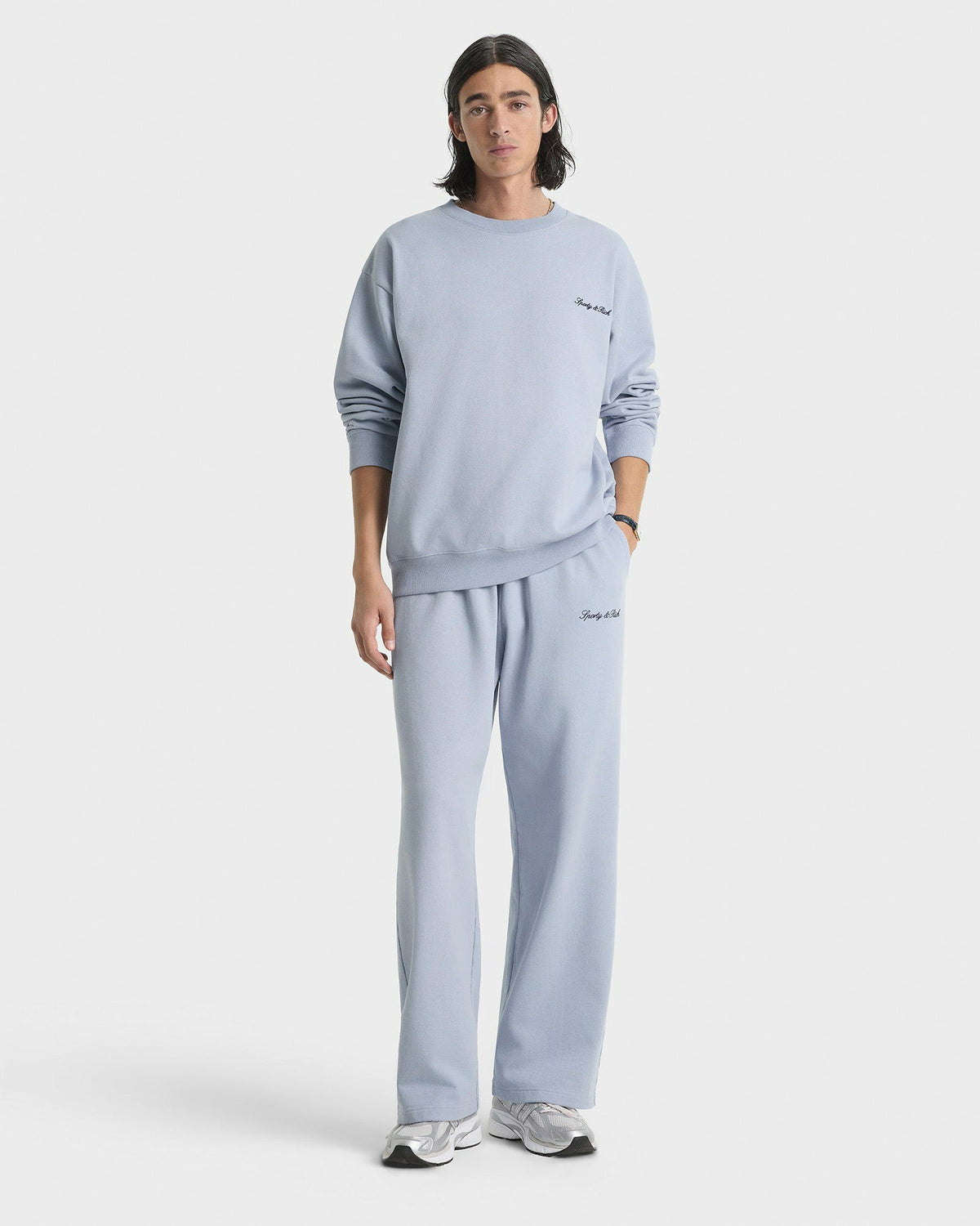 Sporty & Rich Signature Logo Embroidered Wide Sweatpant - Faded Blue/Navy
