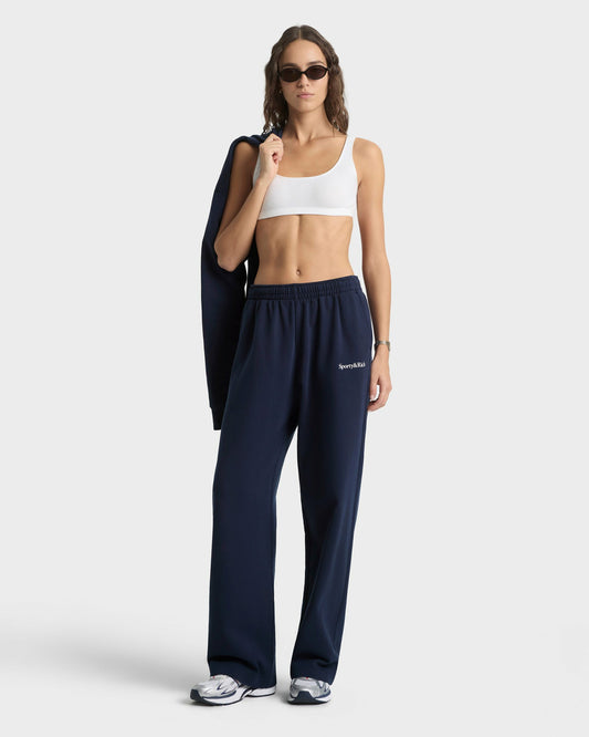 Sporty & Rich Serif Logo Wide Sweatpant - Navy/White