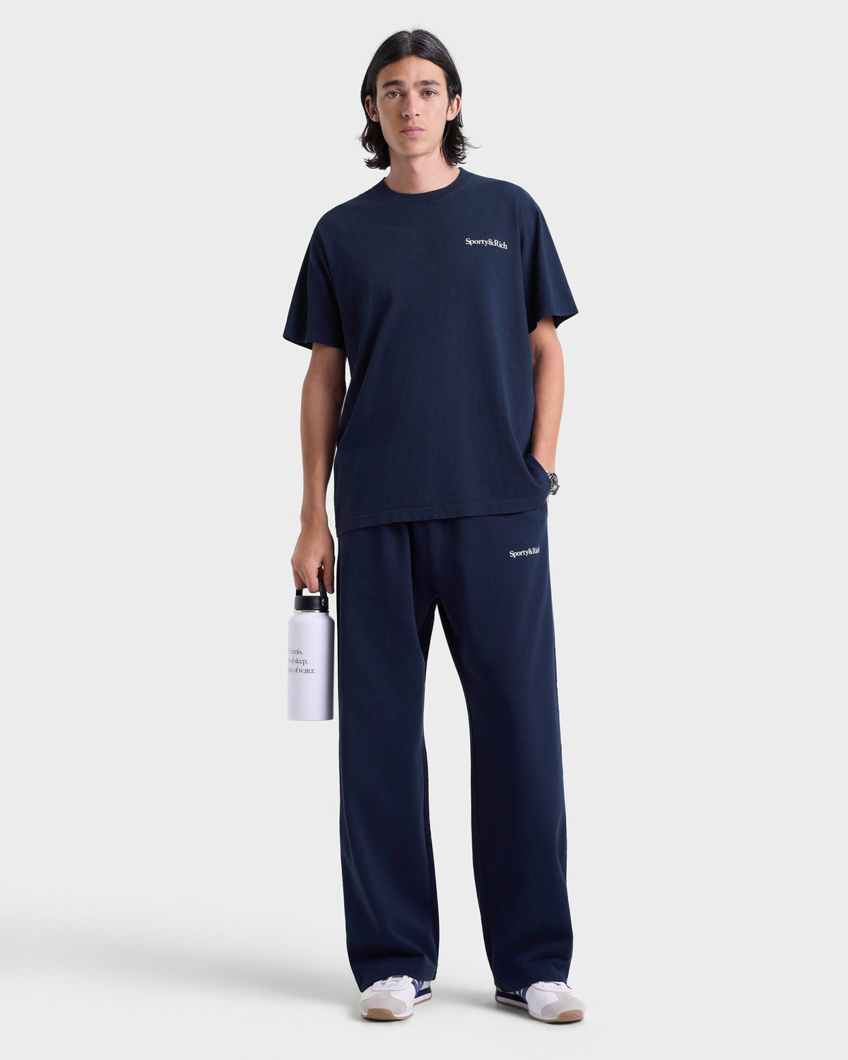 Sporty & Rich Serif Logo Wide Sweatpant - Navy/White